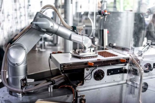 a photo of a robot in a food and beverage manufacturing facility where chocolate is made.