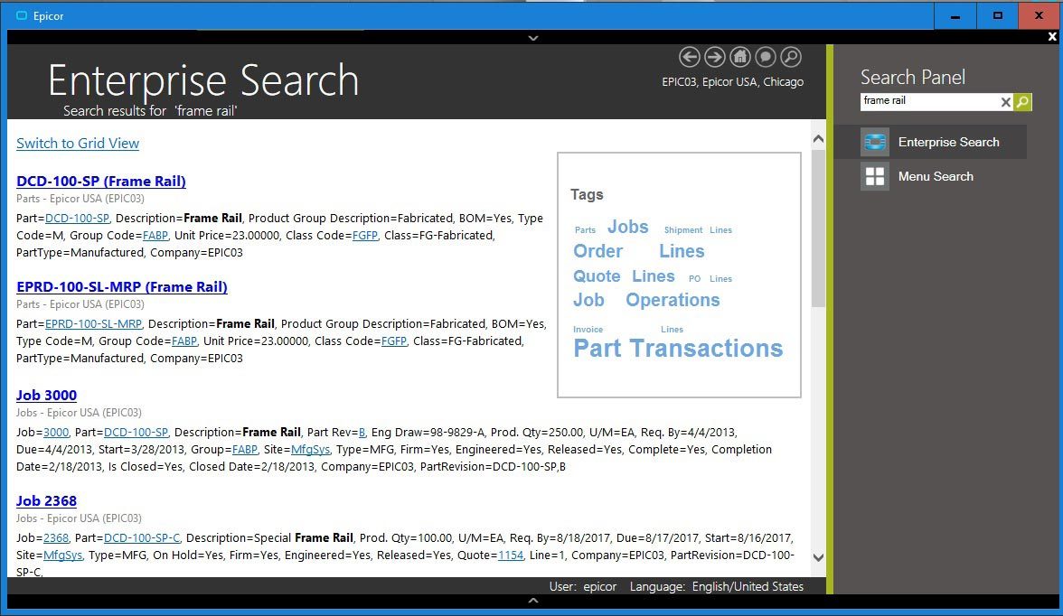 Enterprise Search—Epicor Enterprise Search delivers search options for relevant business information in a format similar to Google as part of the Epicor Business Architecture